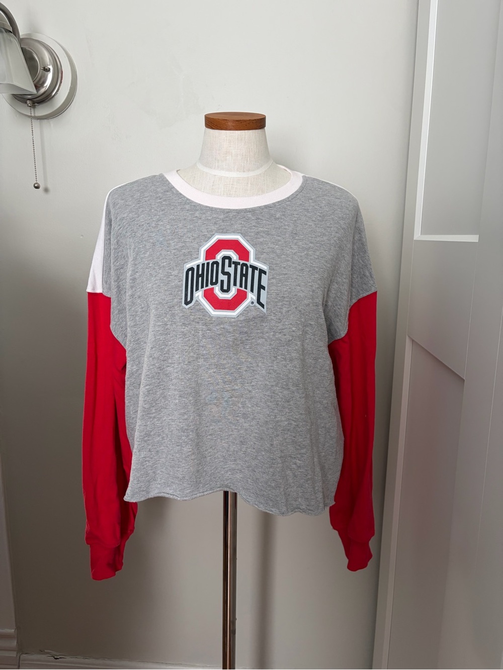 Colorblock Cropped Long Sleeve Sweatshirt - Gray & Red